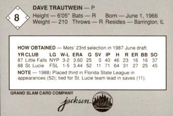 1989 Grand Slam Jackson Mets #8 Dave Trautwein Back