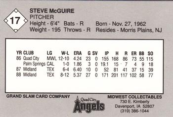 1989 Grand Slam Quad City Angels #17 Steve McGuire Back