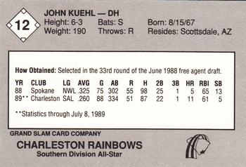 1989 Grand Slam South Atlantic League All-Stars #12 John Kuehl Back