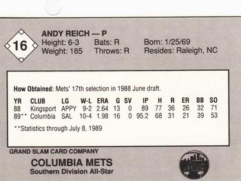1989 Grand Slam South Atlantic League All-Stars #16 Andy Reich Back