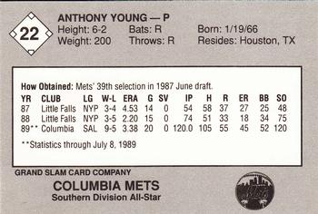 1989 Grand Slam South Atlantic League All-Stars #22 Anthony Young Back