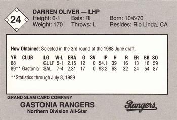 1989 Grand Slam South Atlantic League All-Stars #24 Darren Oliver Back