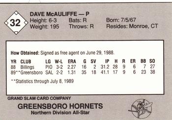 1989 Grand Slam South Atlantic League All-Stars #32 Dave McAuliffe Back
