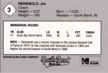 1989 Grand Slam South Bend White Sox #3 Jim Reinebold Back