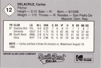 1989 Grand Slam South Bend White Sox #12 Carlos DeLaCruz Back