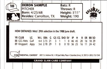 1990 Grand Slam Columbia Mets #10 Deron Sample Back