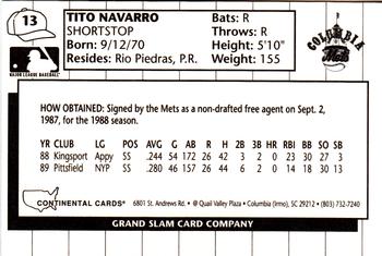 1990 Grand Slam Columbia Mets #13 Tito Navarro Back