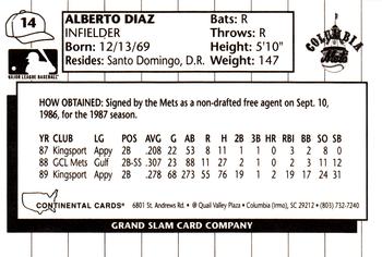 1990 Grand Slam Columbia Mets #14 Alberto Diaz Back
