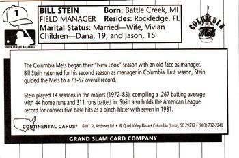 1990 Grand Slam Columbia Mets #1 Bill Stein Back