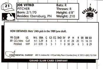 1990 Grand Slam Columbia Mets #21 Joe Vitko Back