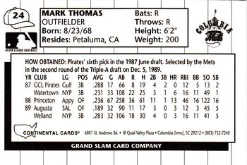 1990 Grand Slam Columbia Mets #24 Mark Thomas Back