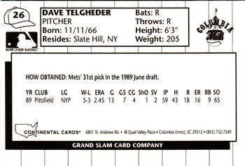 1990 Grand Slam Columbia Mets #26 Dave Telgheder Back