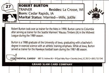 1990 Grand Slam Columbia Mets #27 Bob Burton Back