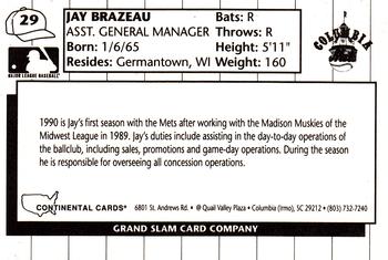 1990 Grand Slam Columbia Mets #29 Jay Brazeau Back