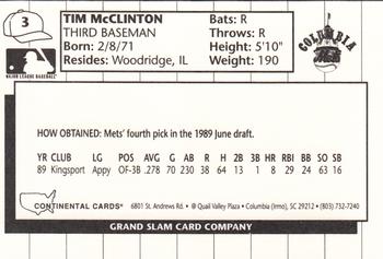 1990 Grand Slam Columbia Mets #3 Tim McClinton Back