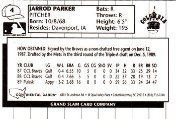 1990 Grand Slam Columbia Mets #4 Jarrod Parker Back