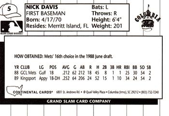 1990 Grand Slam Columbia Mets #5 Nick Davis Back