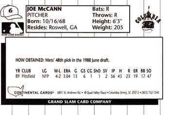 1990 Grand Slam Columbia Mets #6 Joe McCann Back