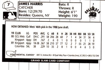 1990 Grand Slam Columbia Mets #7 James Harris Back