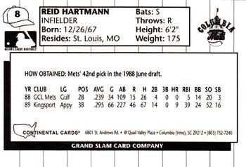 1990 Grand Slam Columbia Mets #8 Reid Hartmann Back