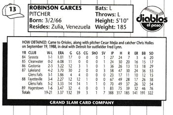 1990 Grand Slam El Paso Diablos #13 Robinson Garces Back