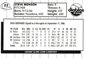 1990 Grand Slam El Paso Diablos #22 Steve Monson Back