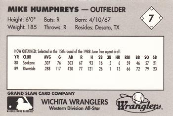 1990 Grand Slam Texas League All-Stars #7 Mike Humphreys Back