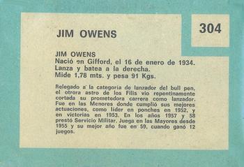 1967 Topps Venezuelan #304 Jim Owens Back