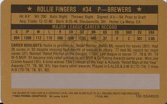 1982 Perma-Graphics Super Star Credit Cards - Gold #150-SS8216 Rollie Fingers Back
