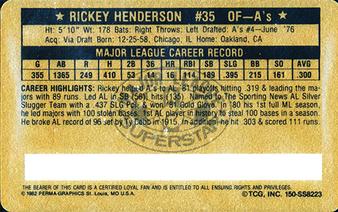 1982 Perma-Graphics Super Star Credit Cards - Gold #150-SS8223 Rickey Henderson Back