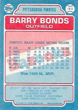 1991 Topps Bazooka Shining Stars #1 Barry Bonds Back