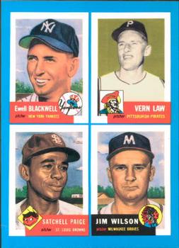 1992 Topps Bazooka Archives Quadracards #18 Ewell Blackwell / Vern Law / Satchel Paige / Jim Wilson Front
