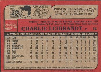 1982 Topps Coca-Cola Cincinnati Reds #14 Charlie Leibrandt Back