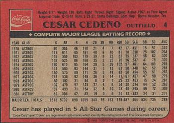 1982 Topps Coca-Cola Cincinnati Reds #4 Cesar Cedeno Back