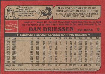 1982 Topps Coca-Cola Cincinnati Reds #6 Dan Driessen Back