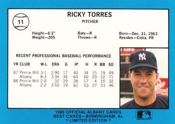 1989 Best Albany-Colonie Yankees - Platinum #11 Ricky Torres Back
