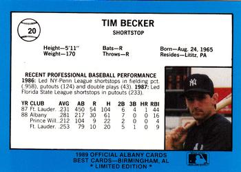 1989 Best Albany-Colonie Yankees - Platinum #20 Tim Becker Back