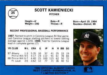 1989 Best Albany-Colonie Yankees - Platinum #25 Scott Kamieniecki Back