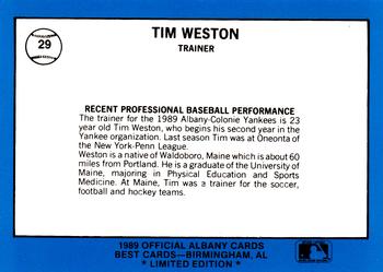 1989 Best Albany-Colonie Yankees - Platinum #29 Tim Weston Back