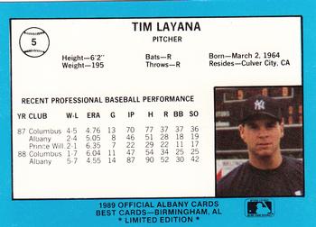 1989 Best Albany-Colonie Yankees - Platinum #5 Tim Layana Back
