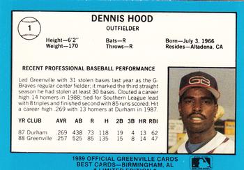1989 Best Greenville Braves - Platinum #1 Dennis Hood Back
