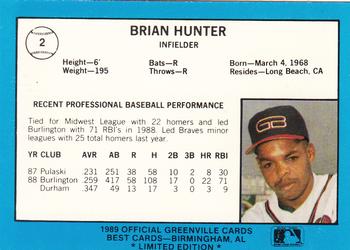 1989 Best Greenville Braves - Platinum #2 Brian Hunter Back