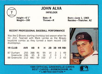 1989 Best Greenville Braves - Platinum #7 John Alva Back