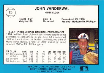 1989 Best Jacksonville Expos - Platinum #25 John Vander Wal Back