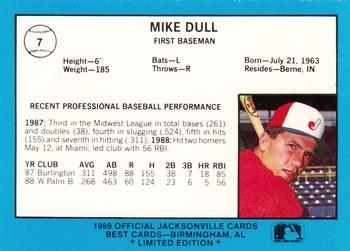 1989 Best Jacksonville Expos - Platinum #7 Mike Dull Back