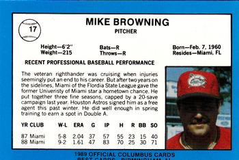 1989 Best Columbus Mudcats - Platinum #17 Mike Browning Back
