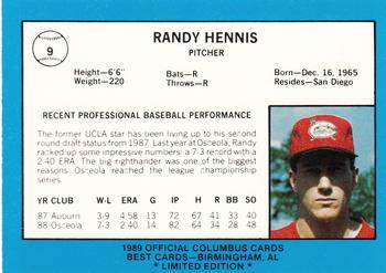1989 Best Columbus Mudcats - Platinum #9 Randy Hennis Back