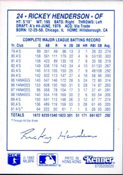 1992 Kenner Starting Lineup Cards #6705205020 Rickey Henderson Back