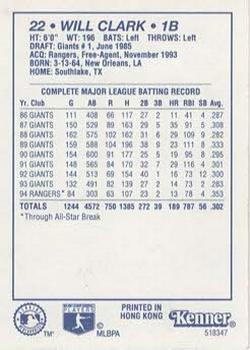 1995 Kenner Starting Lineup Cards #518347 Will Clark Back