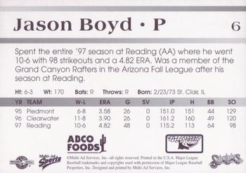 1998 Multi-Ad Tucson Sidewinders #6 Jason Boyd Back